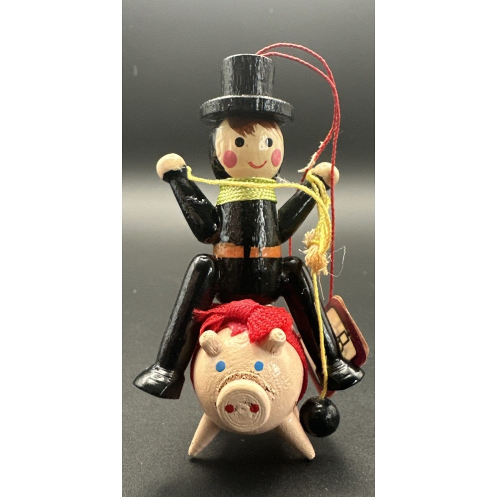 Erzgebirge Wooden Chimney Sweep Riding Pink Pig German Good Luck Ornament Vtg